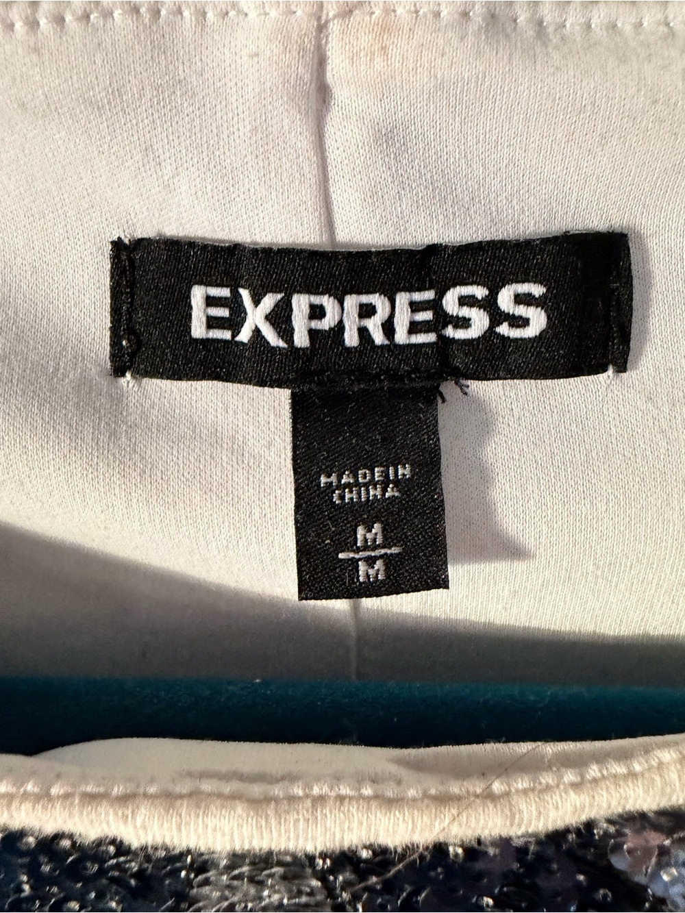 Express Blue and Cream Sequin Geometric Stretchy Fitted Mini Dress. NWOT. - Picture 3 of 7